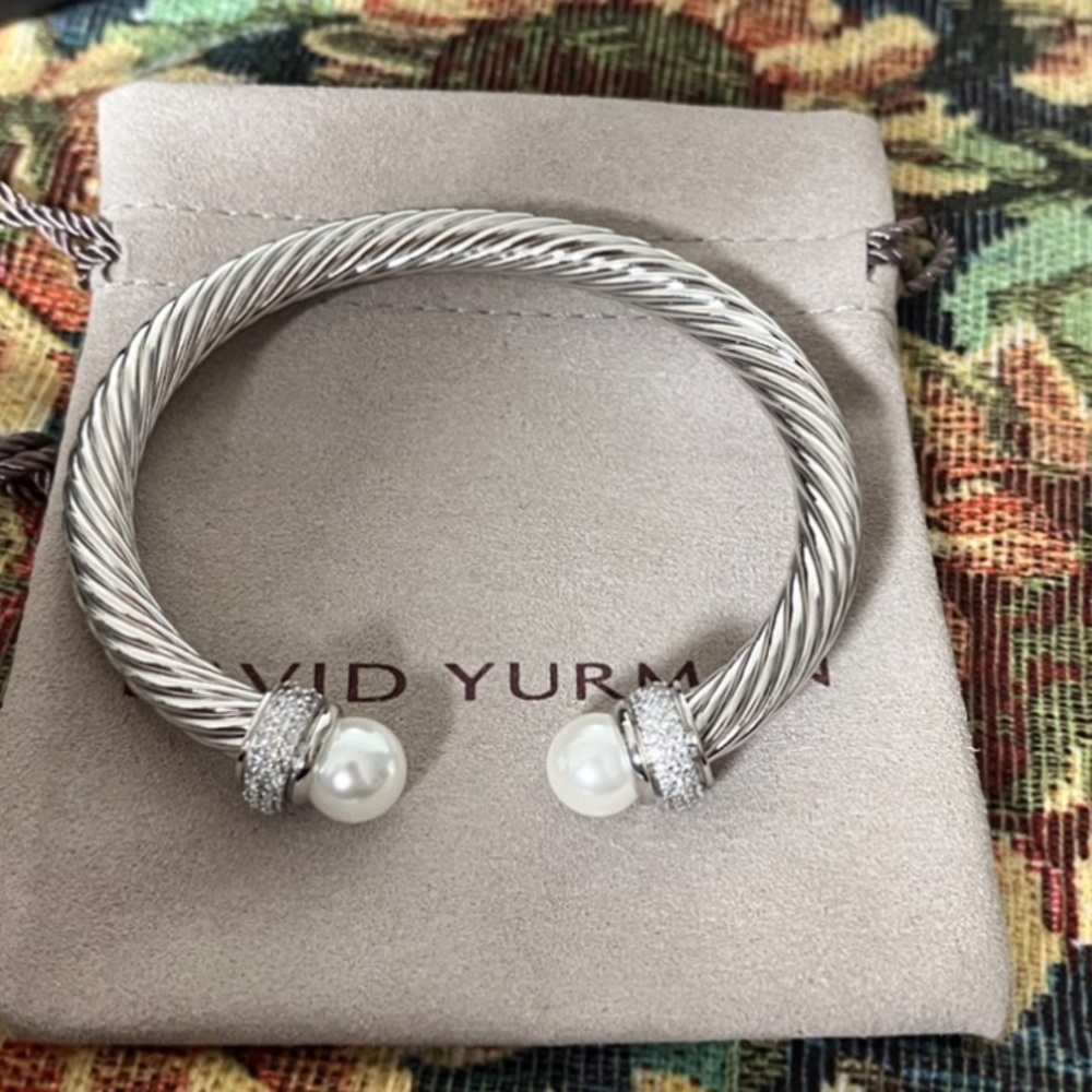 David Yurman Silver Cable Bracelet with Pearls 7mm